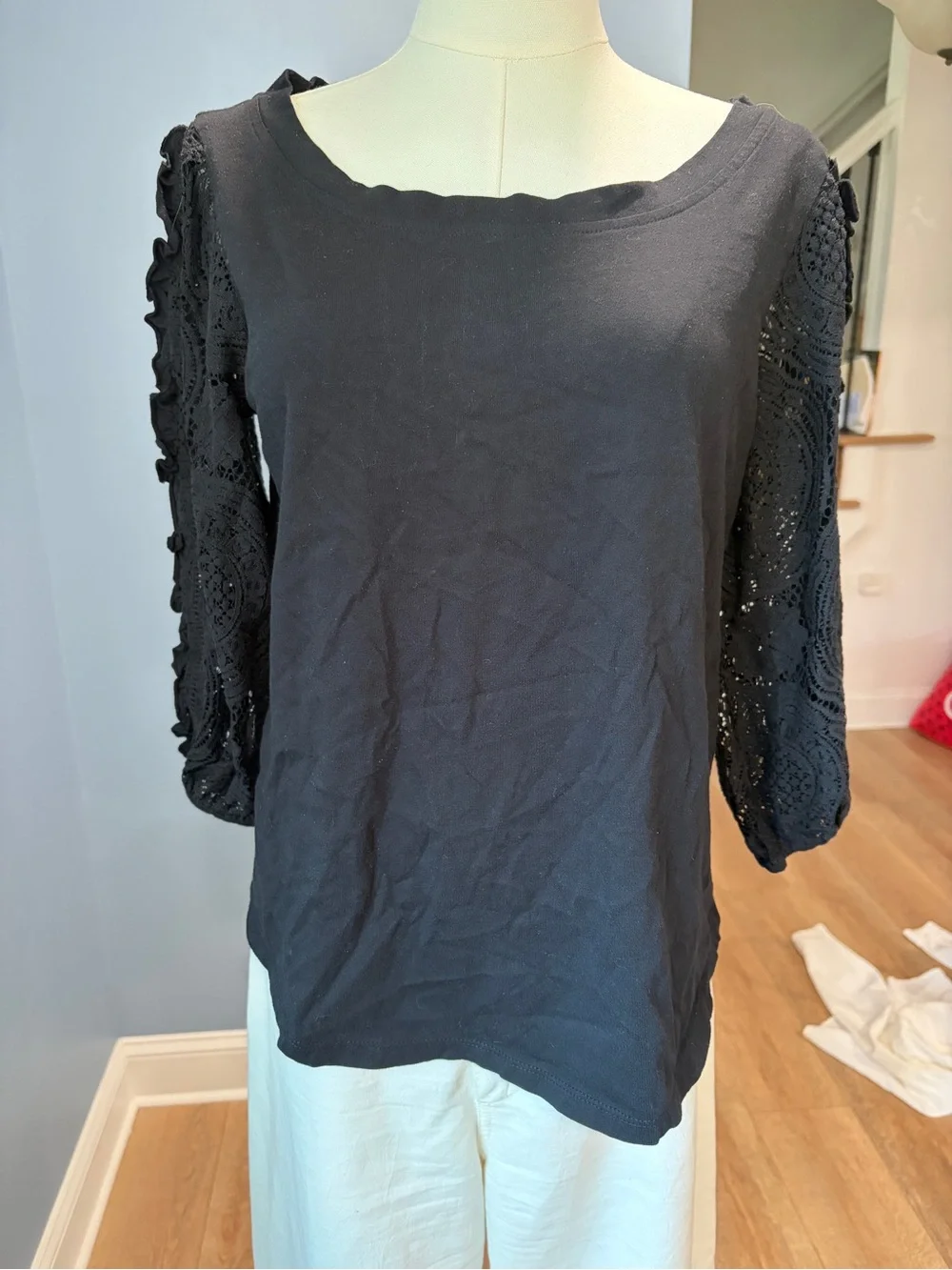 Anthropologie Deletta Black Lace Sleeve Tie Back 100% Cotton Top Medium Boho